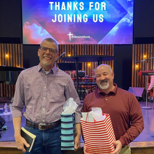Laux Super, David Underwood (left), stands beside Clyde Swanson (right) from Swanson Electric who managed the electrical work scope of the sanctuary renovations at First Baptist.